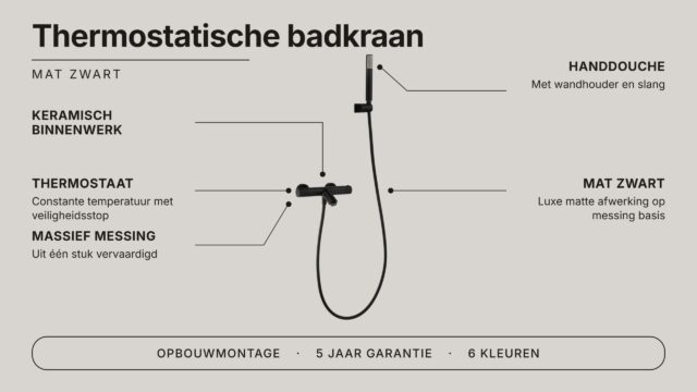 Stijlvolle thermostatische bad/douchekraan in mat zwart. Geleverd als complete set met handdouche, doucheslang en wandhaak. Verkrijgbaar in 6 kleuren.