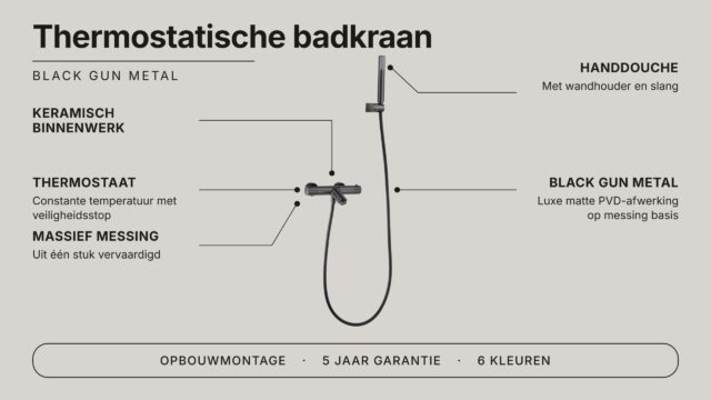 Moderne thermostatische bad/douchekraan in gunmetal met duurzame PVD-coating. Geleverd als complete set met handdouche, doucheslang en wandhaak. Verkrijgbaar in 6 kleuren.
