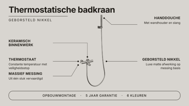 Stijlvolle thermostatische bad/douchekraan in geborsteld nikkel. Geleverd als complete set met handdouche, doucheslang en wandhaak. Verkrijgbaar in 6 kleuren.