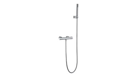 Thermostatische douchekraan in chroom, geleverd als complete set met handdouche, doucheslang van 180 cm en wandhouder. Uit de Riva Bella serie, verkrijgbaar in 6 kleuren en geleverd met 5 jaar garantie.