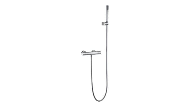 Thermostatische douchekraan in chroom, geleverd als complete set met handdouche, doucheslang van 180 cm en wandhouder. Uit de Riva Bella serie, verkrijgbaar in 6 kleuren en geleverd met 5 jaar garantie.