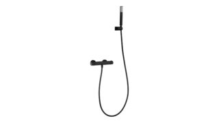 Thermostatische douchekraan in mat zwart, geleverd als complete set met handdouche, doucheslang van 180 cm en wandhouder. Uit de Riva Bella serie, verkrijgbaar in 6 kleuren en geleverd met 5 jaar garantie.