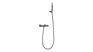 Thermostatische douchekraan in black gun metal met duurzame PVD-coating, geleverd als complete set met handdouche, doucheslang van 180 cm en wandhouder. Uit de Riva Bella serie, verkrijgbaar in 6 kleuren en geleverd met 5 jaar garantie.