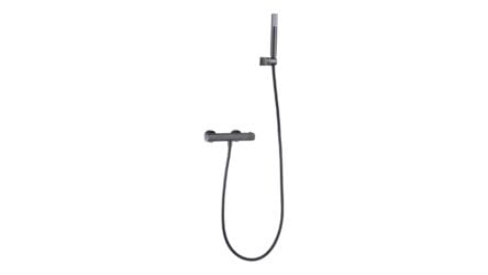 Thermostatische douchekraan in black gun metal met duurzame PVD-coating, geleverd als complete set met handdouche, doucheslang van 180 cm en wandhouder. Uit de Riva Bella serie, verkrijgbaar in 6 kleuren en geleverd met 5 jaar garantie.