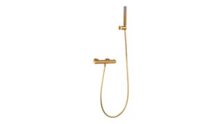 Thermostatische douchekraan in geborsteld goud met duurzame PVD-coating, geleverd als complete set met handdouche, doucheslang van 180 cm en wandhouder. Uit de Riva Bella serie, verkrijgbaar in 6 kleuren en geleverd met 5 jaar garantie.