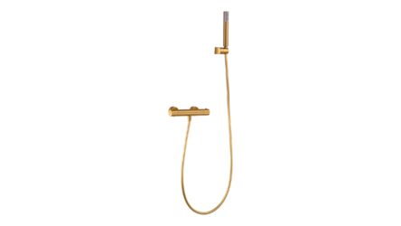 Thermostatische douchekraan in geborsteld goud met duurzame PVD-coating, geleverd als complete set met handdouche, doucheslang van 180 cm en wandhouder. Uit de Riva Bella serie, verkrijgbaar in 6 kleuren en geleverd met 5 jaar garantie.