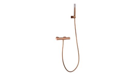 Thermostatische douchekraan in geborsteld koper met duurzame PVD-coating, geleverd als complete set met handdouche, doucheslang van 180 cm en wandhouder. Uit de Riva Bella serie, verkrijgbaar in 6 kleuren en geleverd met 5 jaar garantie.