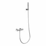Thermostatische douchekraan in geborsteld nikkel, geleverd als complete set met handdouche, doucheslang van 180 cm en wandhouder. Uit de Riva Bella serie, verkrijgbaar in 6 kleuren en geleverd met 5 jaar garantie.