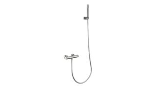 Thermostatische douchekraan in geborsteld nikkel, geleverd als complete set met handdouche, doucheslang van 180 cm en wandhouder. Uit de Riva Bella serie, verkrijgbaar in 6 kleuren en geleverd met 5 jaar garantie.