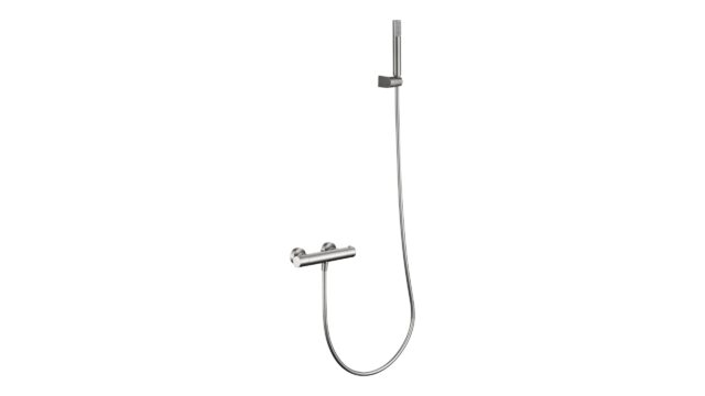 Thermostatische douchekraan in geborsteld nikkel, geleverd als complete set met handdouche, doucheslang van 180 cm en wandhouder. Uit de Riva Bella serie, verkrijgbaar in 6 kleuren en geleverd met 5 jaar garantie.