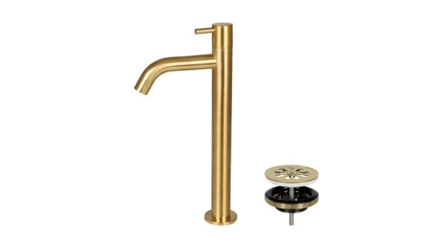 Fonteinkraan Geborsteld Goud met hendel hoog model + bijpassende afvoerplug