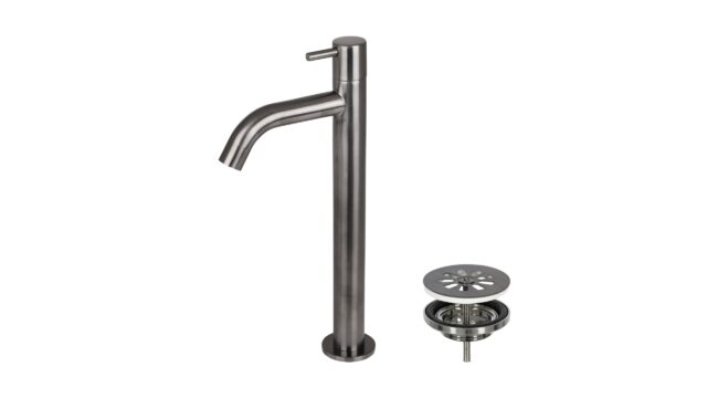 Fonteinkraan Black gun Metal met hendel hoog model + bijpassende afvoerplug