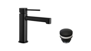 Wastafelkraan laag in mat zwart, geleverd als complete set inclusief bijpassende clickwaste. De clickwaste is een handige pop-up afvoer die je eenvoudig opent en sluit door erop te drukken. Onderdeel van de Genève serie, ambachtelijk uit één stuk mas