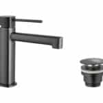 Wastafelkraan laag in black gun metal met duurzame PVD-coating, geleverd als complete set inclusief bijpassende clickwaste. De clickwaste is een handige pop-up afvoer die je eenvoudig opent en sluit door erop te drukken. Onderdeel van de Genève serie