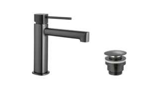 Wastafelkraan laag in black gun metal met duurzame PVD-coating, geleverd als complete set inclusief bijpassende clickwaste. De clickwaste is een handige pop-up afvoer die je eenvoudig opent en sluit door erop te drukken. Onderdeel van de Genève serie