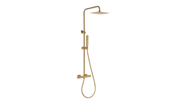 Thermostatische opbouw doucheset in geborsteld goud, geleverd als complete set met handdouche, glijstang en doucheslang. Onderdeel van de Genève serie, uitgevoerd in massief messing en verkrijgbaar in 6 kleuren. Voorzien van 5 jaar garantie.