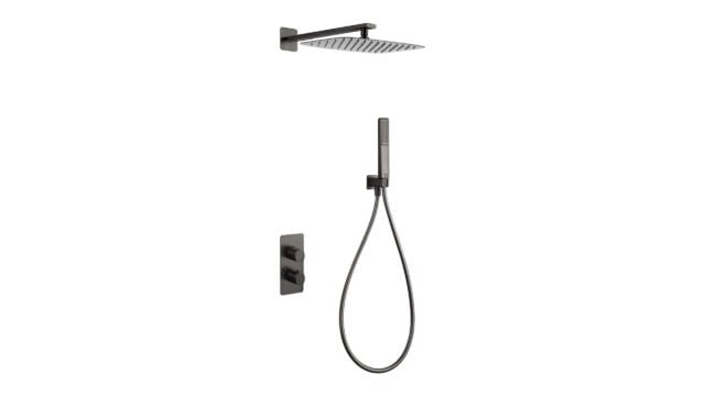 Thermostatische inbouw doucheset in black gun metal met duurzame PVD-coating, geleverd als complete set met handdouche en doucheslang, inclusief inbouwdeel. Uitgevoerd met muuraansluiting. Onderdeel van de Genève serie, uitgevoerd in massief messing