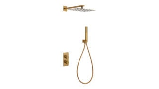 Thermostatische inbouw doucheset in geborsteld goud, geleverd als complete set met handdouche en doucheslang, inclusief inbouwdeel. Uitgevoerd met muuraansluiting. Onderdeel van de Genève serie, uitgevoerd in massief messing en verkrijgbaar in 6 kleu