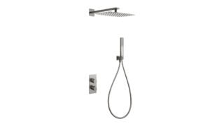 Thermostatische inbouw doucheset in geborsteld nikkel, geleverd als complete set met handdouche en doucheslang, inclusief inbouwdeel. Uitgevoerd met muuraansluiting. Onderdeel van de Genève serie, uitgevoerd in massief messing en verkrijgbaar in 6 kl