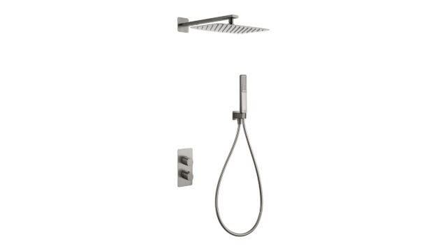 Thermostatische inbouw doucheset in geborsteld nikkel, geleverd als complete set met handdouche en doucheslang, inclusief inbouwdeel. Uitgevoerd met muuraansluiting. Onderdeel van de Genève serie, uitgevoerd in massief messing en verkrijgbaar in 6 kl
