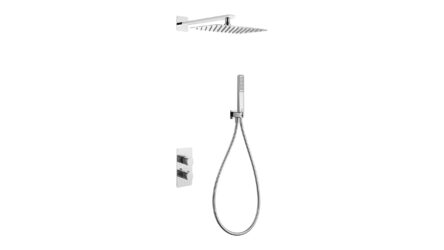 Thermostatische inbouw doucheset in chroom, geleverd als complete set met handdouche en doucheslang, inclusief inbouwdeel. Uitgevoerd met muuraansluiting. Onderdeel van de Genève serie, uitgevoerd in massief messing en verkrijgbaar in 6 kleuren. Voor
