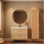 Modern naturel eiken badkamermeubel 100 cm met twee lades en mat witte mineraalstenen wastafel