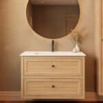 Modern naturel eiken badkamermeubel 100 cm met twee lades en mat witte mineraalstenen wastafel