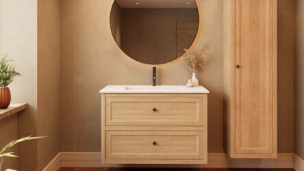 Modern naturel eiken badkamermeubel 100 cm met twee lades en mat witte mineraalstenen wastafel