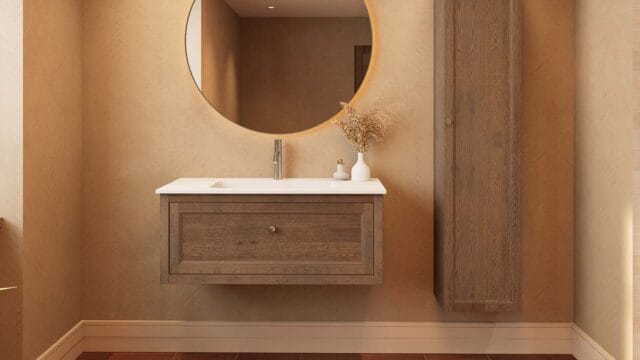 Modern donker eiken badkamermeubel 100 cm met één lade en mat witte mineraalstenen wastafel