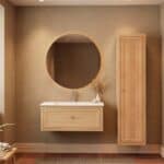 Modern naturel eiken badkamermeubel 100 cm met één lade en mat witte mineraalstenen wastafel
