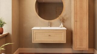 Modern naturel eiken badkamermeubel 100 cm met één lade en mat witte mineraalstenen wastafel
