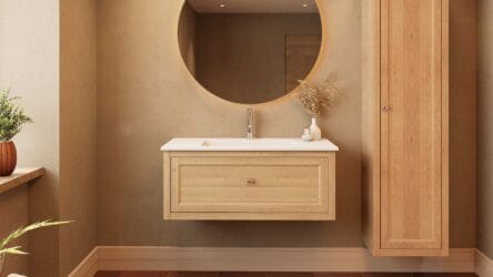 Modern naturel eiken badkamermeubel 100 cm met één lade en mat witte mineraalstenen wastafel