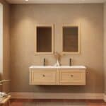 Modern naturel eiken badkamermeubel 140 cm met één lade en mat witte mineraalstenen wastafel