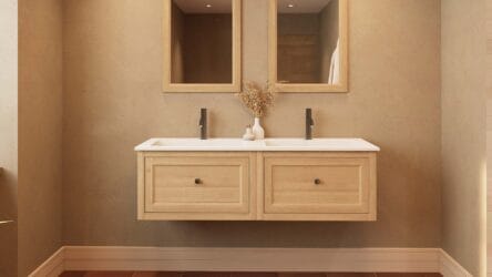 Modern naturel eiken badkamermeubel 140 cm met één lade en mat witte mineraalstenen wastafel