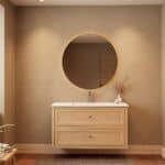 Hangend naturel eiken badkamermeubel 120 cm met twee lades en mat witte mineraalstenen enkele wastafel