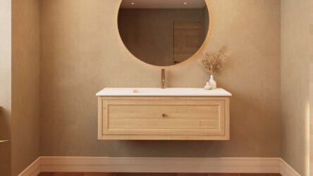 Hangend naturel eiken badkamermeubel 120 cm met één lade en mat witte mineraalstenen enkele wastafel
