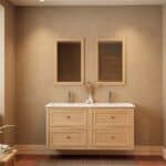 Modern naturel eiken badkamermeubel 140 cm met twee lades en mat witte mineraalstenen wastafel