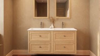 Modern naturel eiken badkamermeubel 140 cm met twee lades en mat witte mineraalstenen wastafel