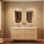 Modern naturel eiken badkamermeubel 160 cm met twee lades en mat witte mineraalstenen wastafel