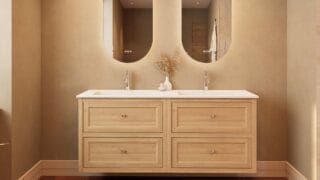 Modern naturel eiken badkamermeubel 160 cm met twee lades en mat witte mineraalstenen wastafel