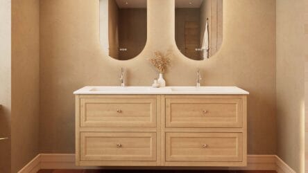 Modern naturel eiken badkamermeubel 160 cm met twee lades en mat witte mineraalstenen wastafel