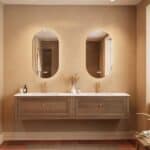 Modern donker eiken badkamermeubel 200 cm met één lade en mat witte solid surface wastafel