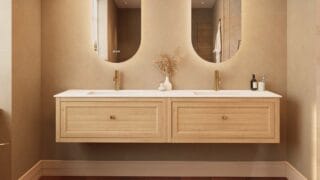 Hangend naturel eiken badkamermeubel 200 cm met één lade en mat witte solid surface wastafel