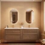 Modern donker eiken badkamermeubel 200 cm met twee lades en mat witte solid surface wastafel