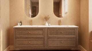 Modern donker eiken badkamermeubel 200 cm met twee lades en mat witte solid surface wastafel