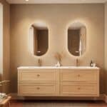 Modern naturel eiken badkamermeubel 200 cm met vier lades en mat witte solid surface wastafel