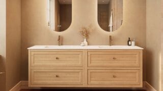 Modern naturel eiken badkamermeubel 200 cm met vier lades en mat witte solid surface wastafel