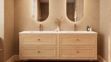Modern naturel eiken badkamermeubel 200 cm met vier lades en mat witte solid surface wastafel