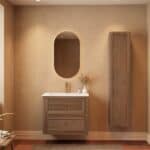 Modern donker eiken badkamermeubel 80 cm met twee lades en mat witte mineraalstenen wastafel