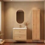 Modern naturel eiken badkamermeubel 80 cm met twee lades en mat witte mineraalstenen wastafel